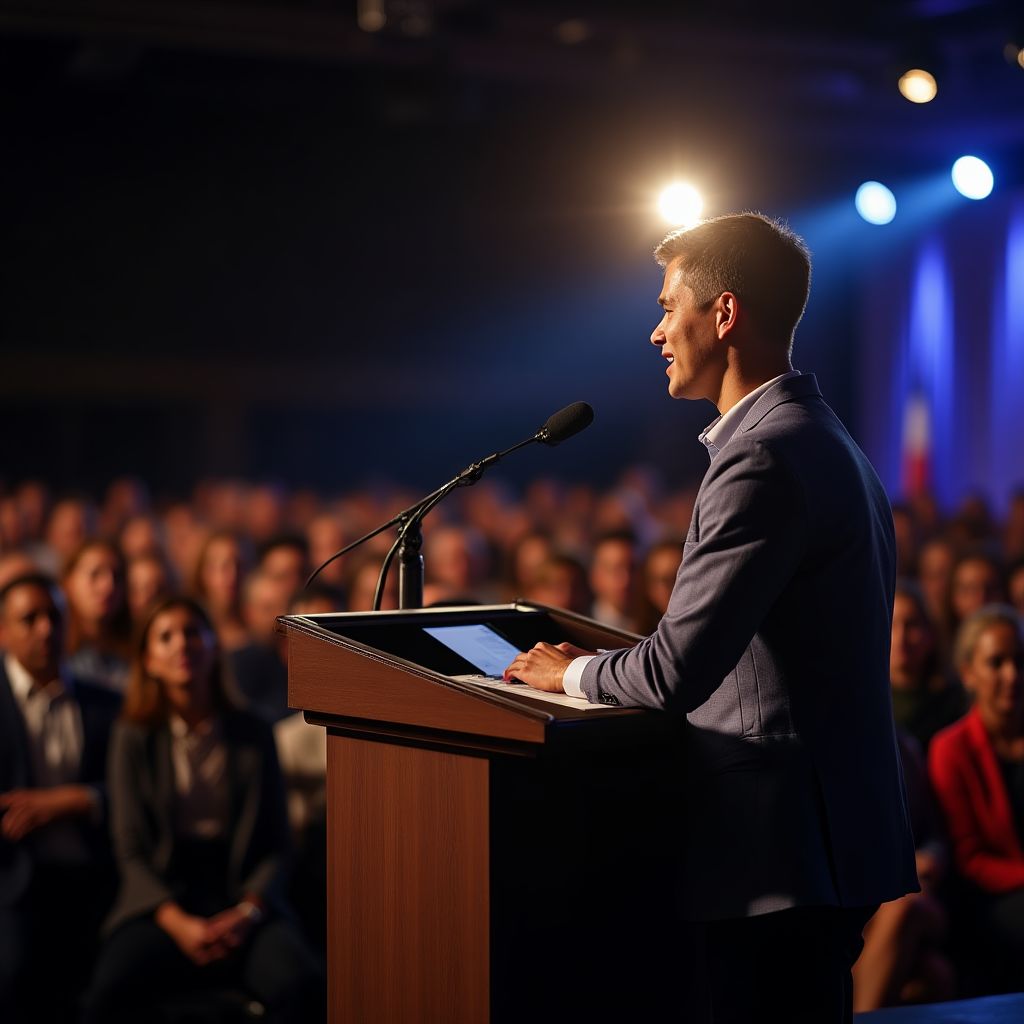A speaker presenting confidently on stage at a KEITHLEY event.