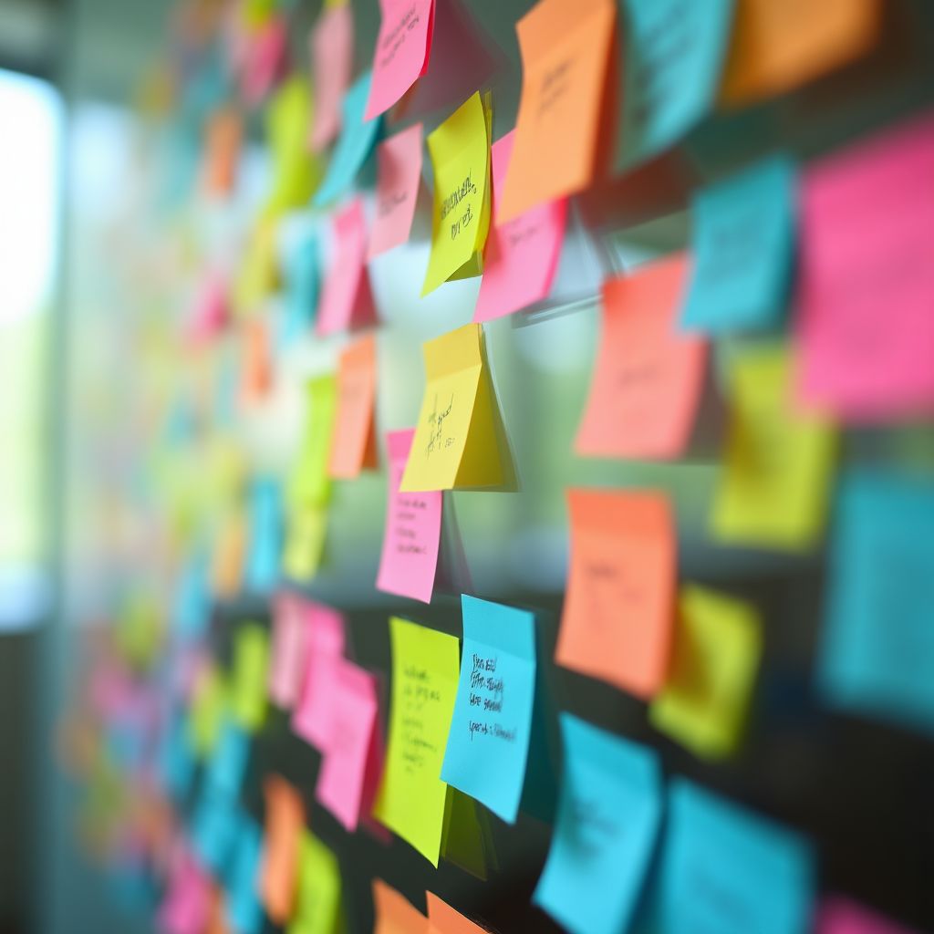 Brainstorming session with sticky notes on a glass wall.